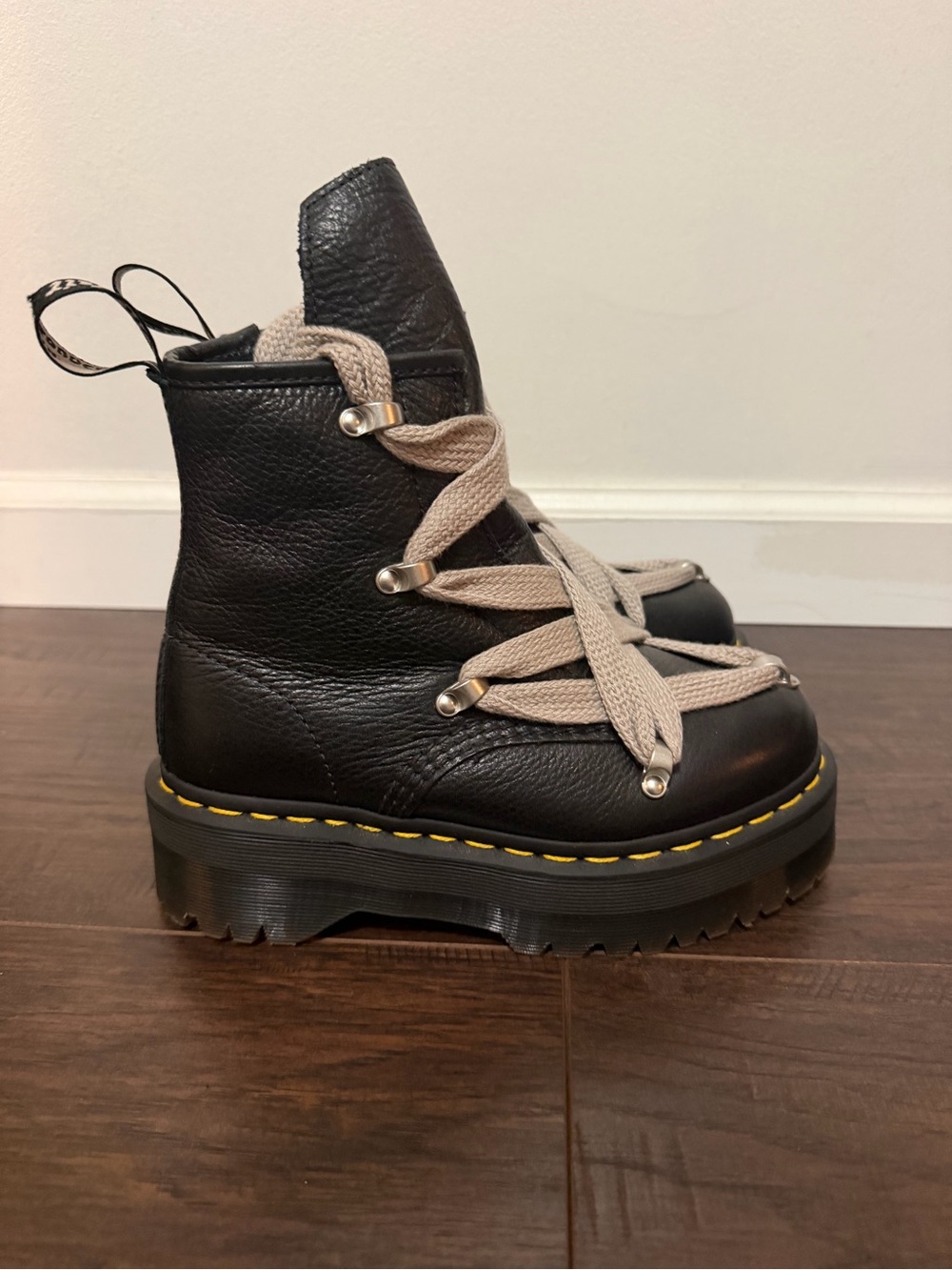 Rick Owens Black Leather Combat Boots with Cream Laces